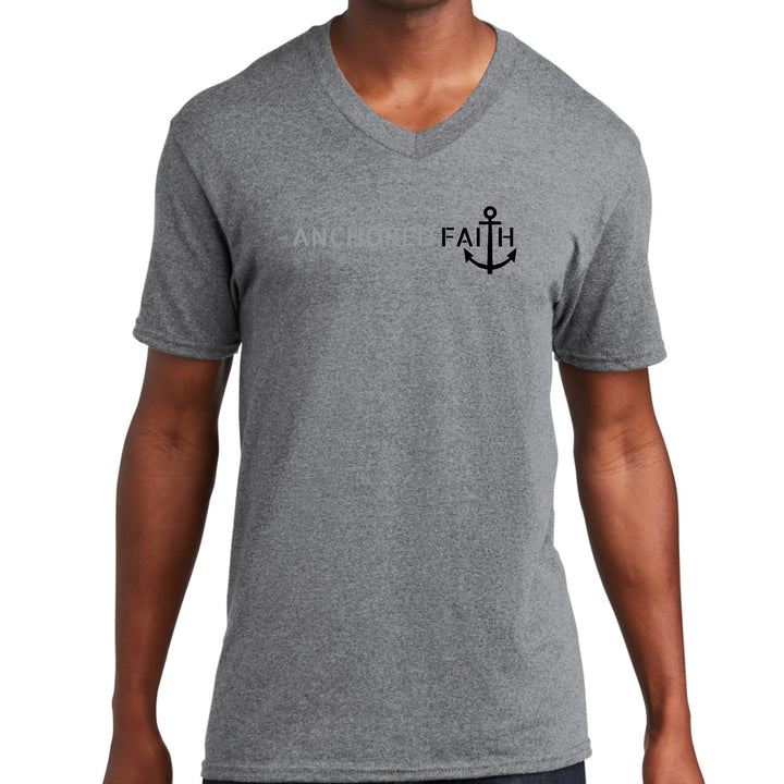 Mens Graphic V-neck T-shirt Anchored Faith Grey And Black Print - Unisex