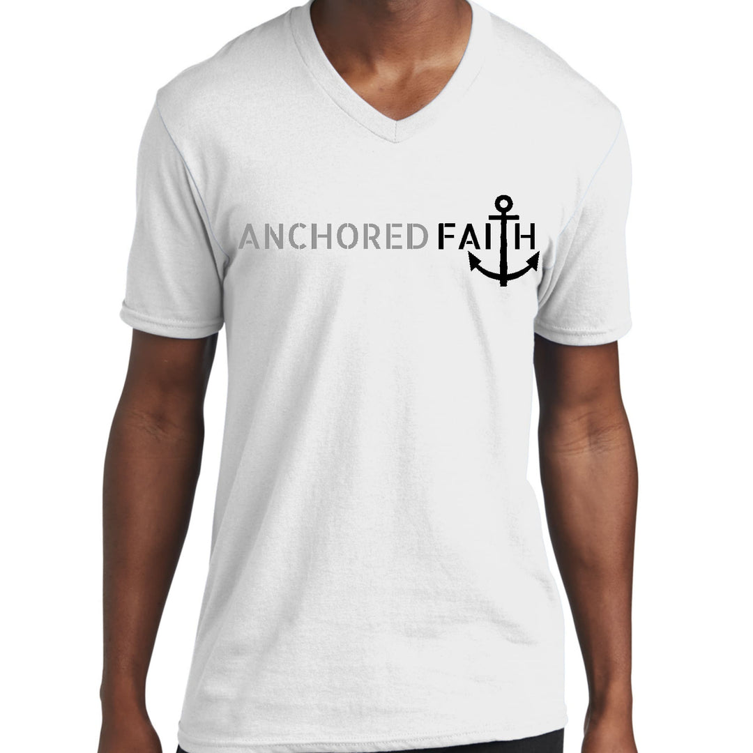 Mens Graphic V-neck T-shirt Anchored Faith Grey and Black Print - Unisex