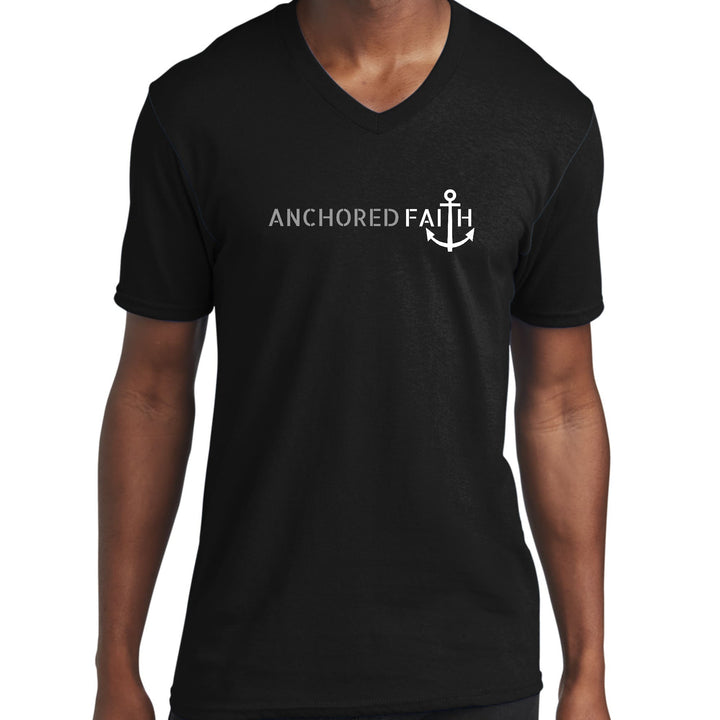 Mens Graphic V-neck T-shirt Anchored Faith Grey And White Print - Unisex