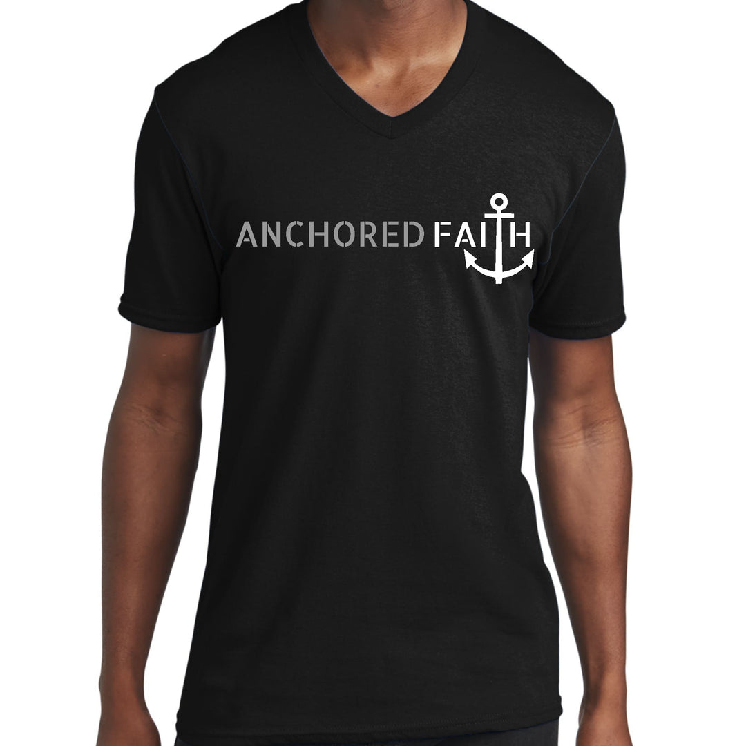 Mens Graphic V-neck T-shirt Anchored Faith Grey and White Print - Mens