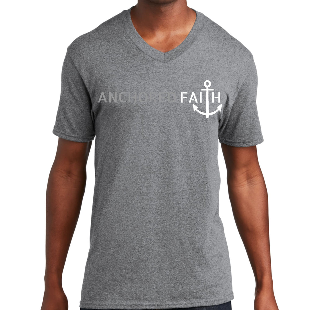 Mens Graphic V-neck T-shirt Anchored Faith Grey and White Print - Mens