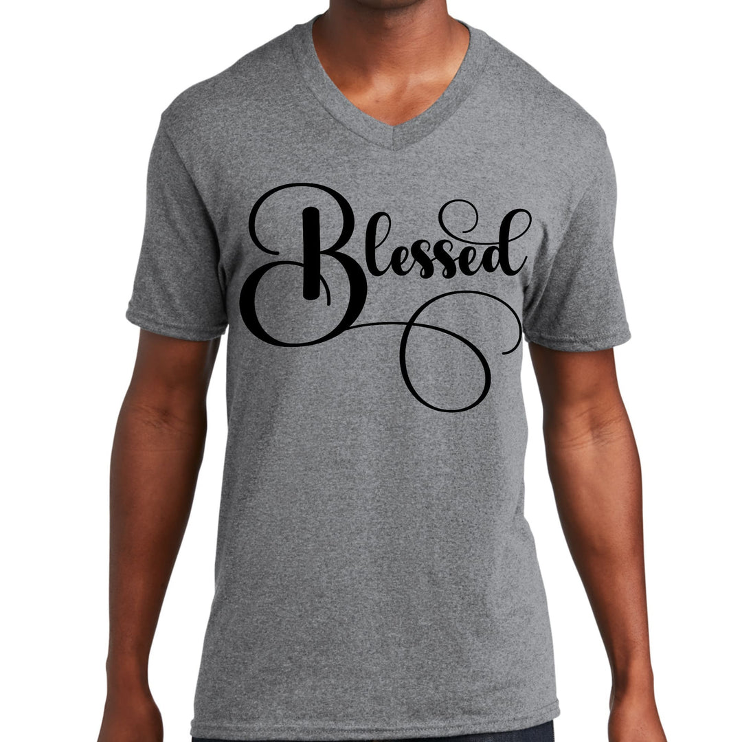 Mens Graphic V-neck T-shirt Blessed Black Graphic Illustration - Mens