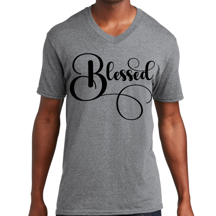 Mens Graphic V-neck T-shirt - Blessed Black Graphic Illustration - Mens