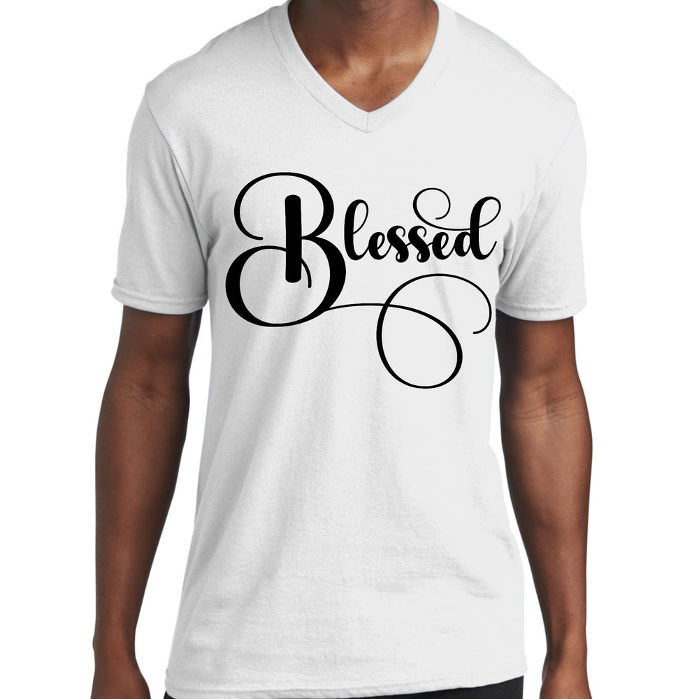 Mens Graphic V-neck T-shirt Blessed Black Graphic Illustration - Mens