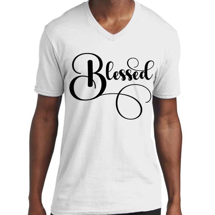 Mens Graphic V-neck T-shirt - Blessed Black Graphic Illustration - Mens