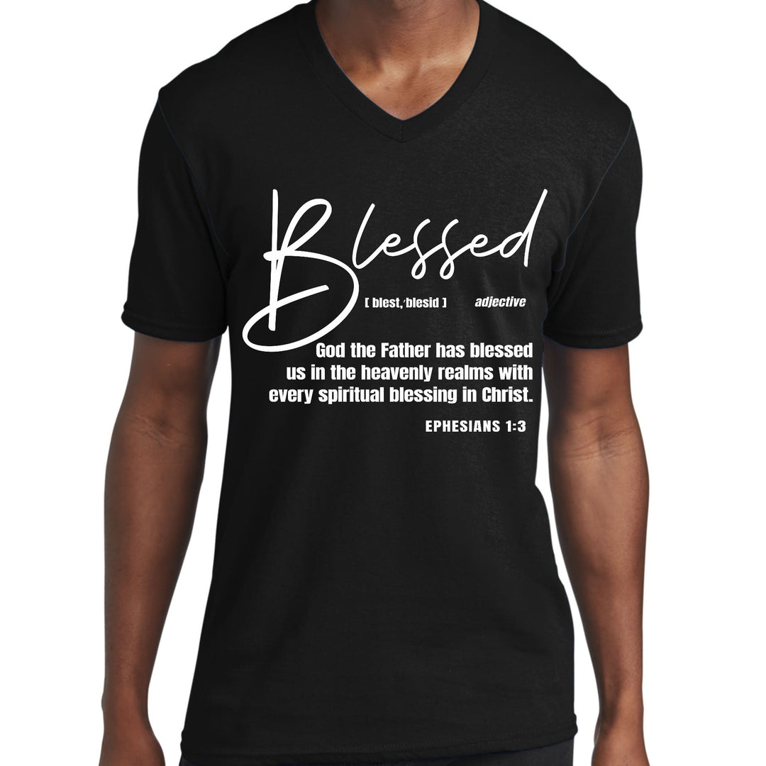 Mens Graphic V-neck T-shirt Blessed in Christ - Unisex | T-Shirts | V-Neck