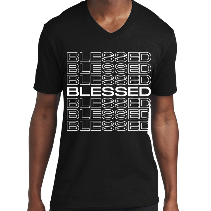 Mens Graphic V-neck T-shirt Blessed Stacked Print - Unisex | T-Shirts | V-Neck