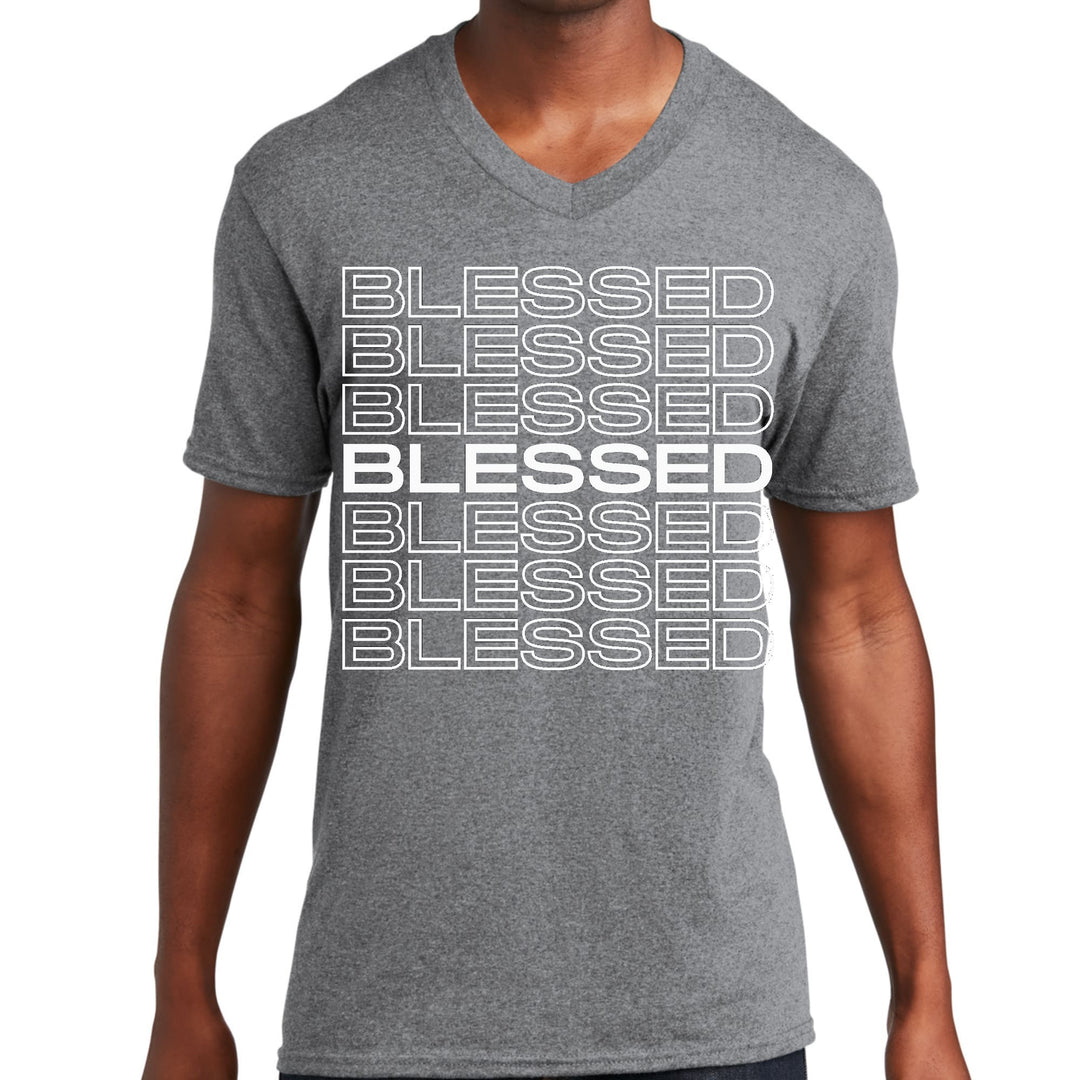 Mens Graphic V-neck T-shirt Blessed Stacked Print - Unisex | T-Shirts | V-Neck