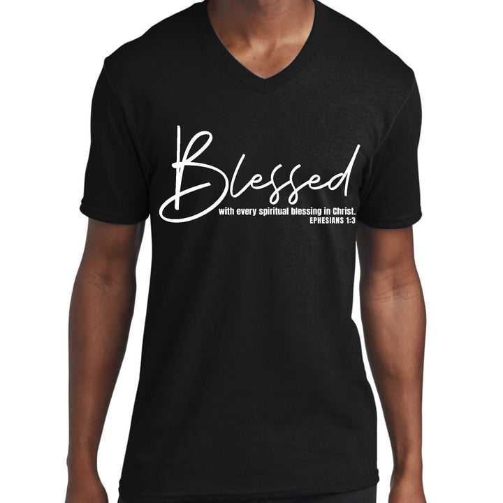 Mens Graphic V-neck T-shirt Blessed with Every Spiritual Blessing - Mens