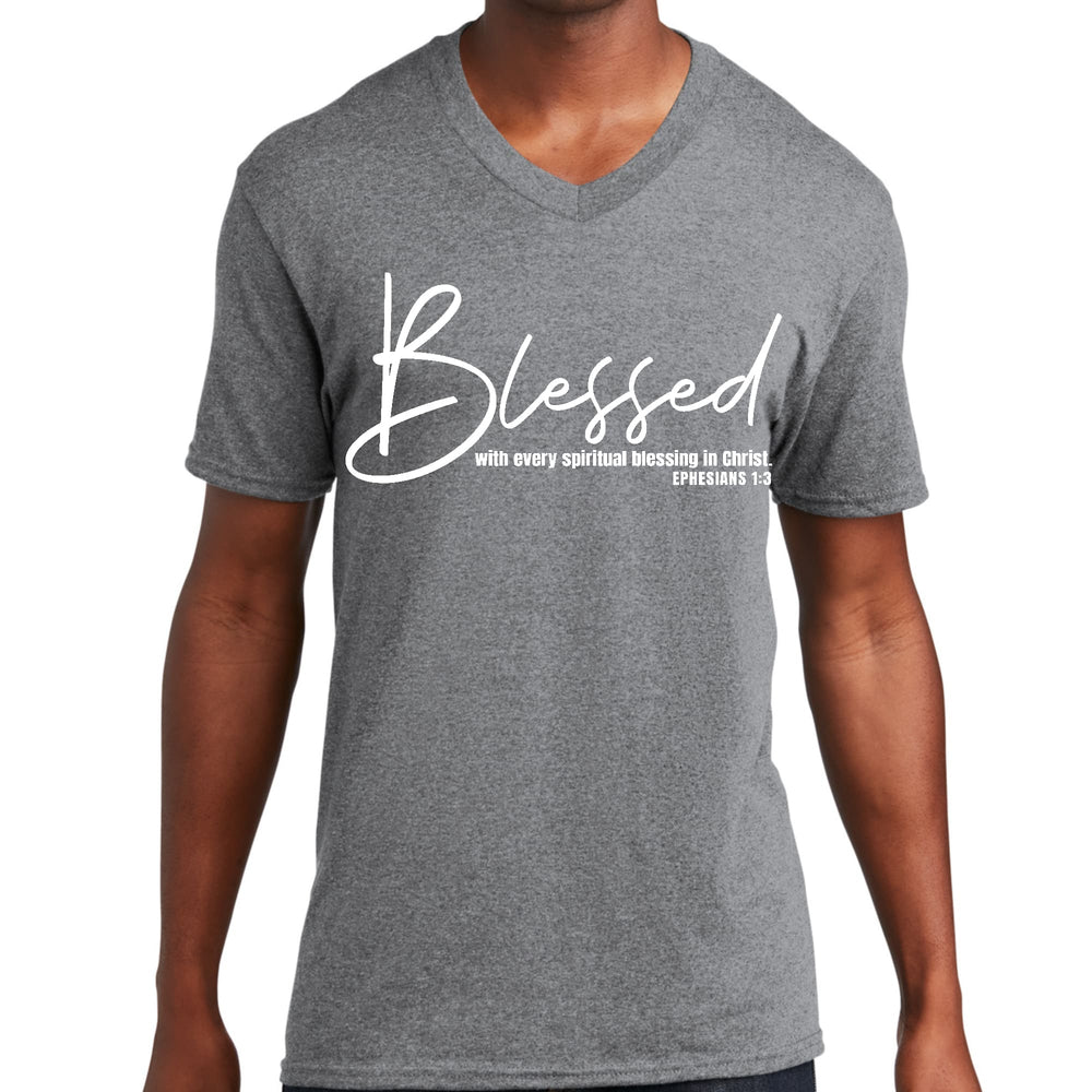 Mens Graphic V-neck T-shirt Blessed with Every Spiritual Blessing - Mens