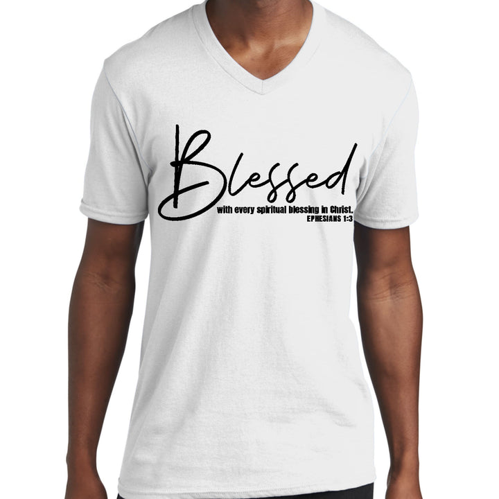 Mens Graphic V-neck T-shirt Blessed with Every Spiritual Blessing - Unisex