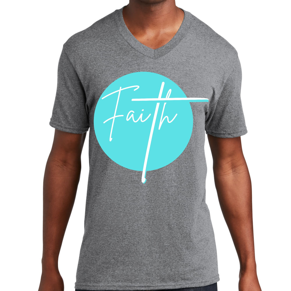 Mens Graphic V-neck T-shirt Faith - Christian Affirmation - Cyan - Unisex