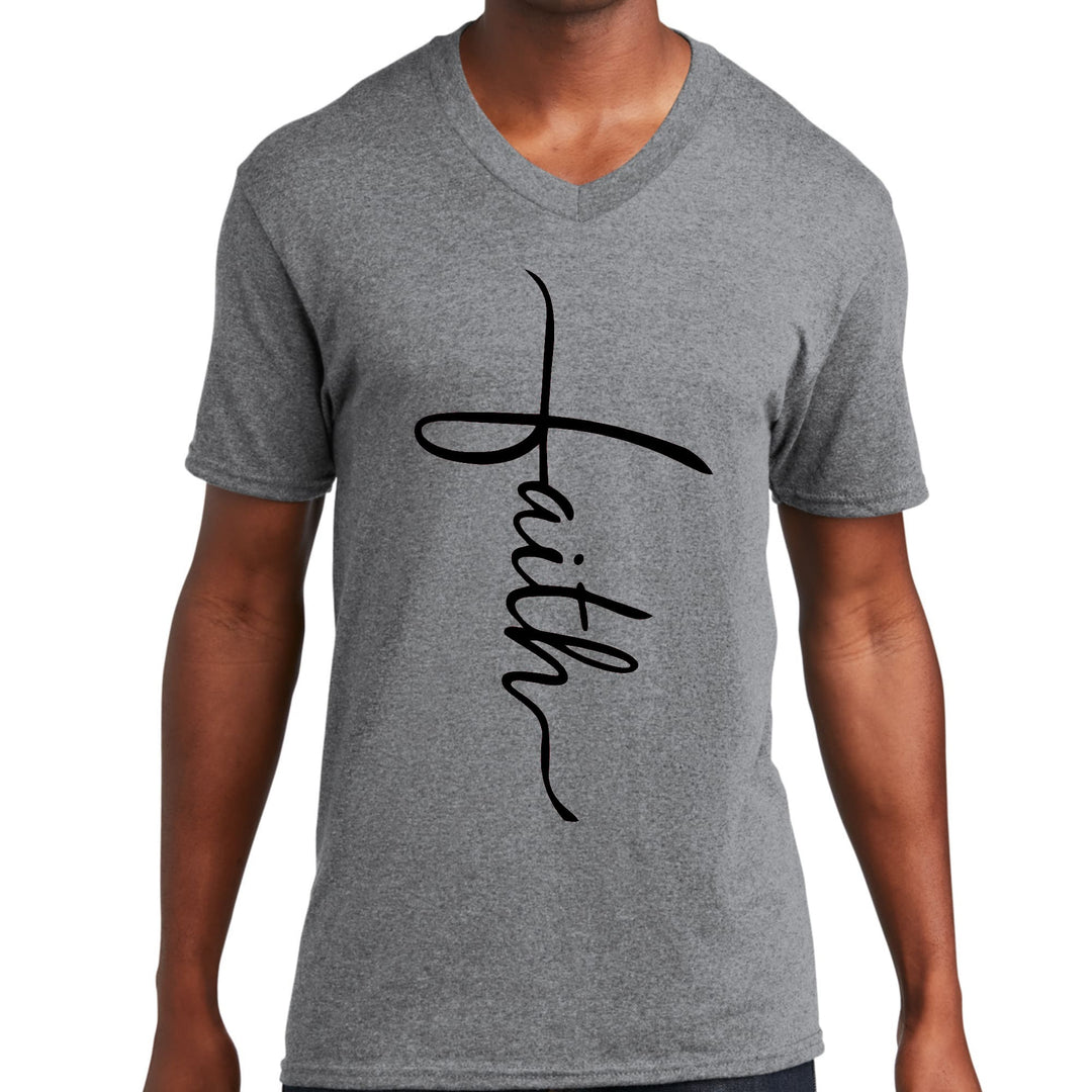 Mens Graphic V-neck T-shirt Faith Script Cross Black Illustration - Mens