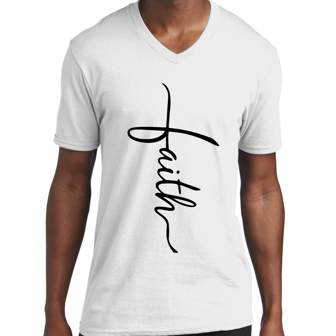 Mens Graphic V-neck T-shirt Faith Script Cross Black Illustration - Mens