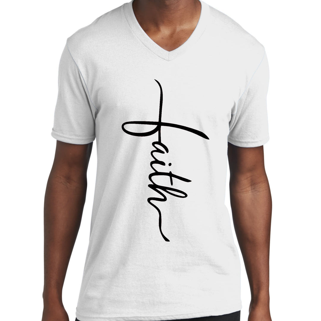 Mens Graphic V-neck T-shirt Faith Script Cross Black Illustration - Unisex