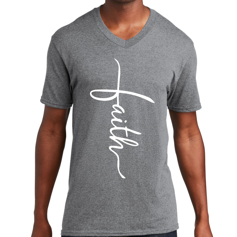 Mens Graphic V-neck T-shirt - Faith Script Cross Illustration - Unisex