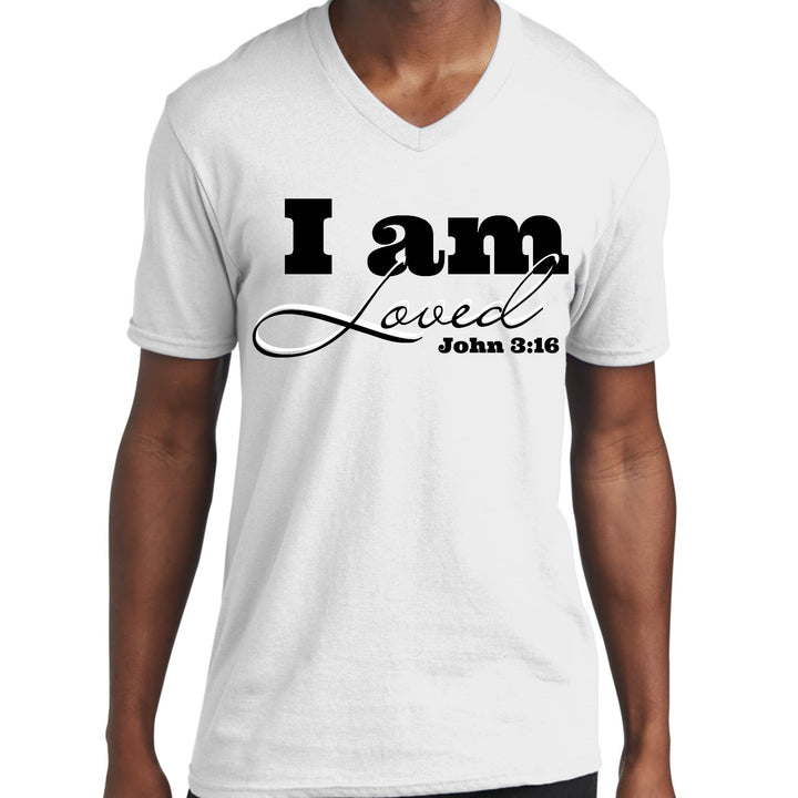 Mens Graphic V-neck T-shirt i am Loved - John 3:16 Black Illustration - Unisex