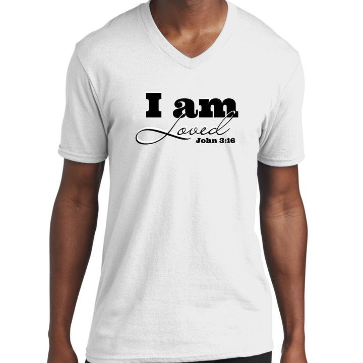 Mens Graphic V-neck T-shirt i Am Loved - John 3:16 Black Illustration - Unisex