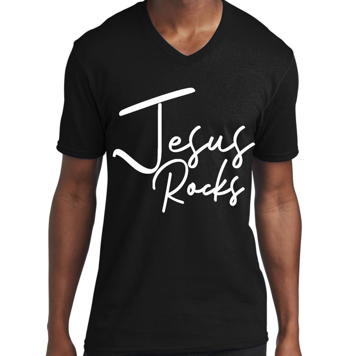 Mens Graphic V-neck T-shirt Jesus Rocks Print - Mens | T-Shirts | V-Neck