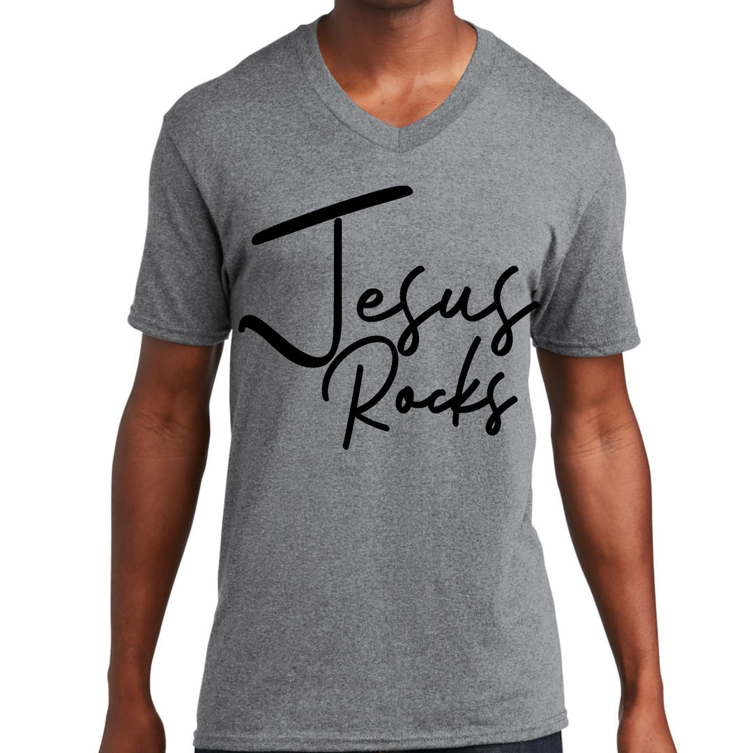 Mens Graphic V-neck T-shirt Jesus Rocks Print - Mens | T-Shirts | V-Neck