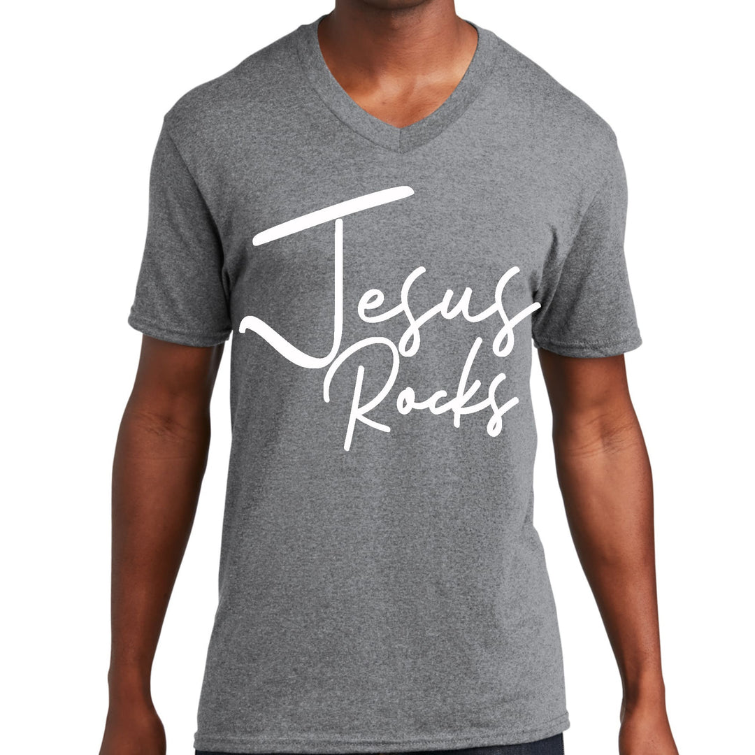 Mens Graphic V-neck T-shirt Jesus Rocks Print - Mens | T-Shirts | V-Neck