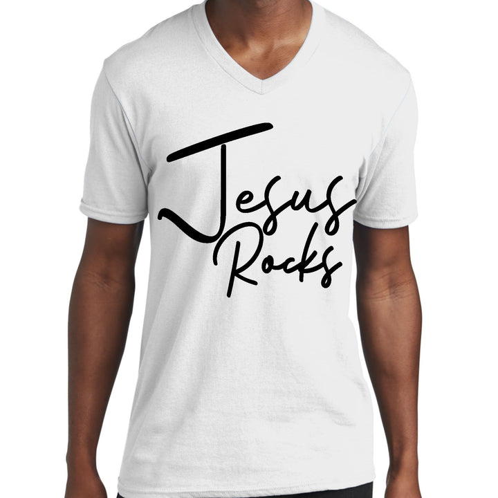 Mens Graphic V-neck T-shirt Jesus Rocks Print - Mens | T-Shirts | V-Neck