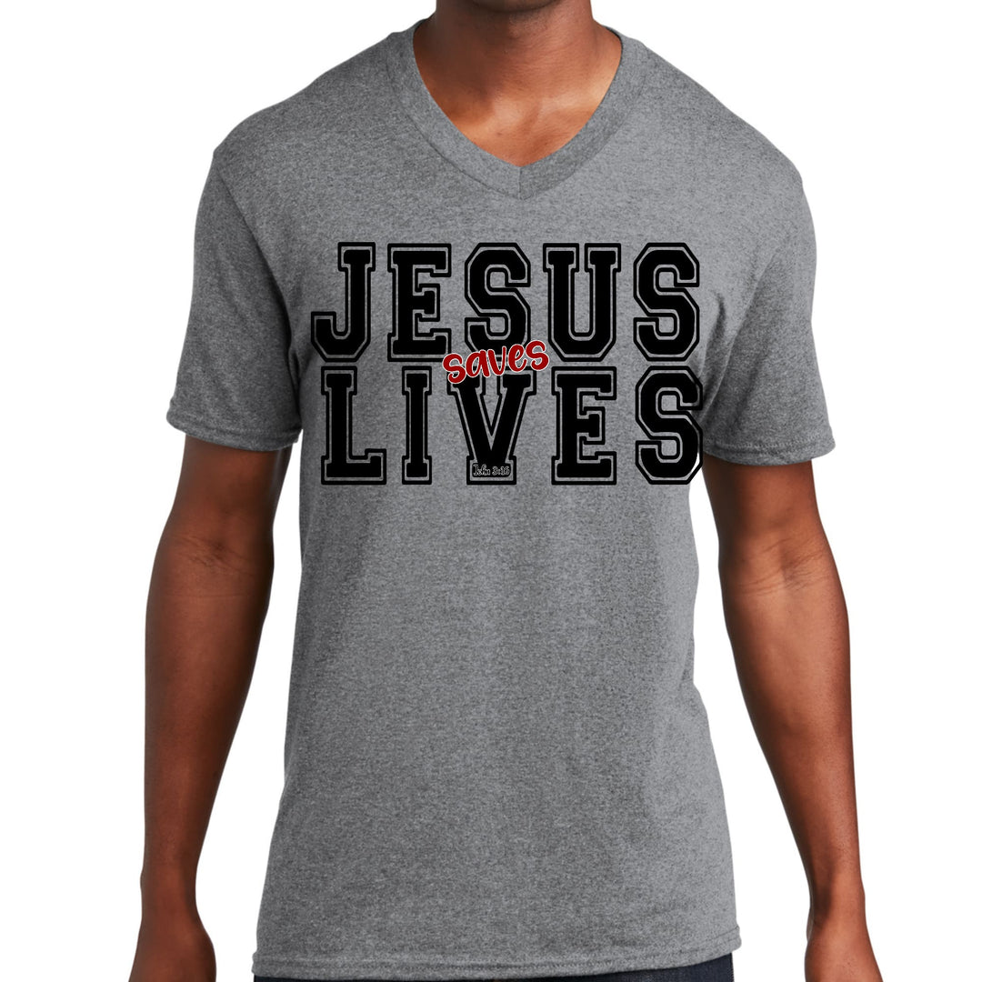 Mens Graphic V-neck T-shirt Jesus Saves Lives Black Red Illustration - Mens