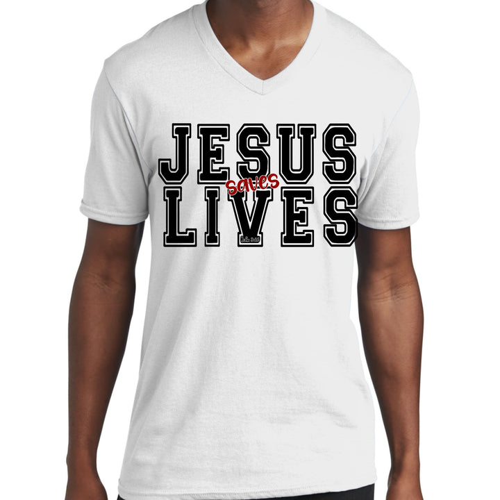 Mens Graphic V-neck T-shirt Jesus Saves Lives Black Red Illustration - Mens