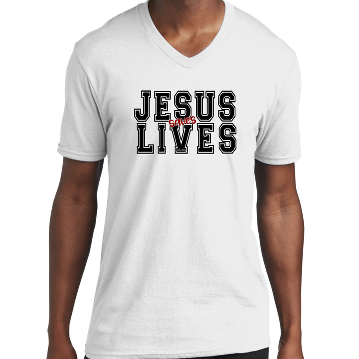 Mens Graphic V-neck T-shirt Jesus Saves Lives Black Red Illustration - Unisex
