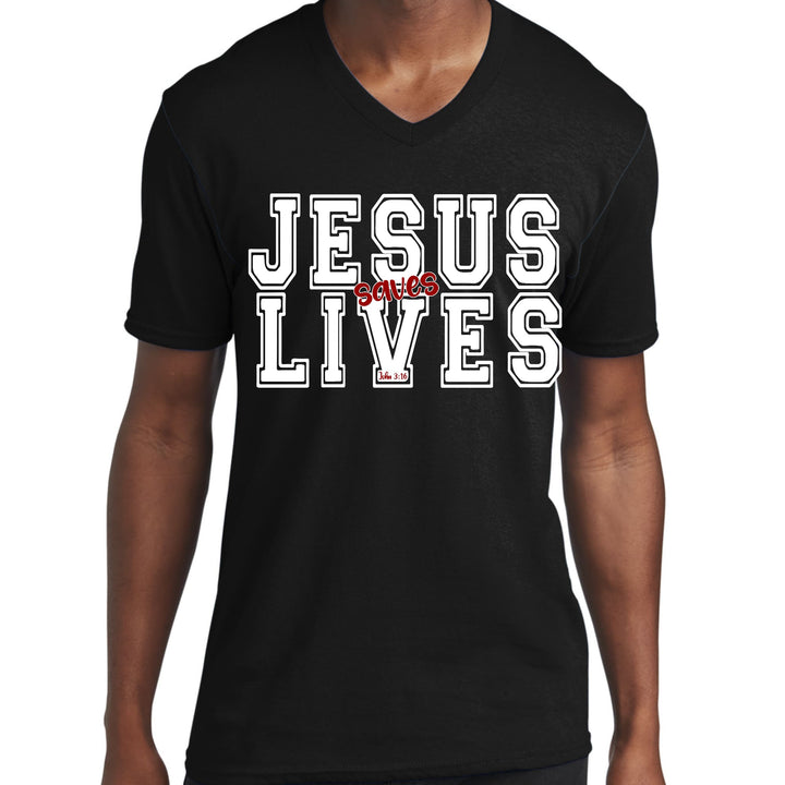 Mens Graphic V-neck T-shirt Jesus Saves Lives White Red Illustration - Unisex