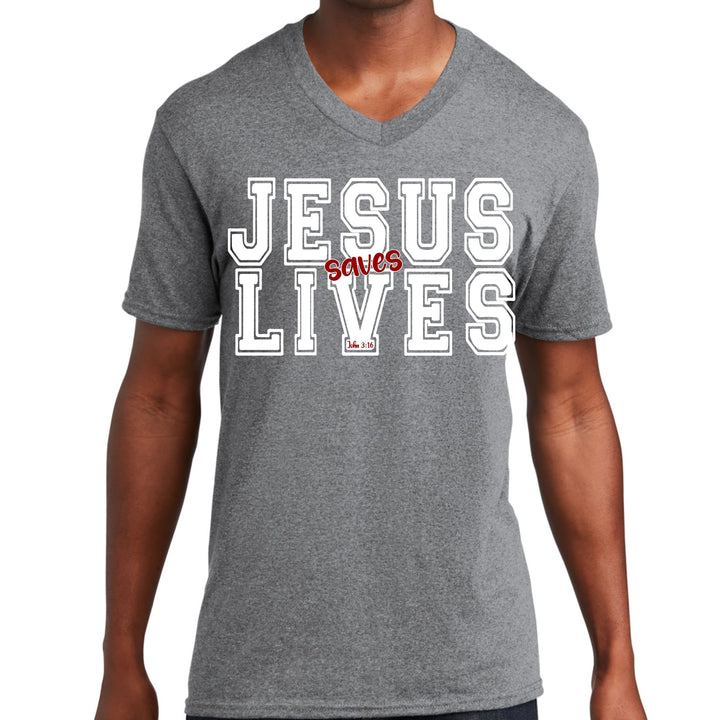 Mens Graphic V-neck T-shirt Jesus Saves Lives White Red Illustration - Unisex