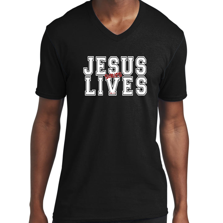 Mens Graphic V-neck T-shirt Jesus Saves Lives White Red Illustration - Unisex