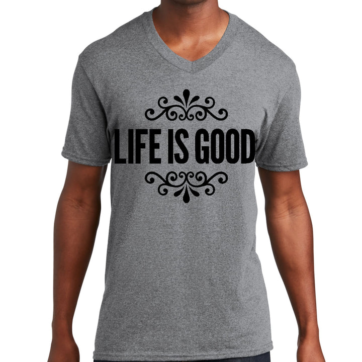 Mens Graphic V-neck T-shirt Life is Good Word Art Illustration Black - Unisex