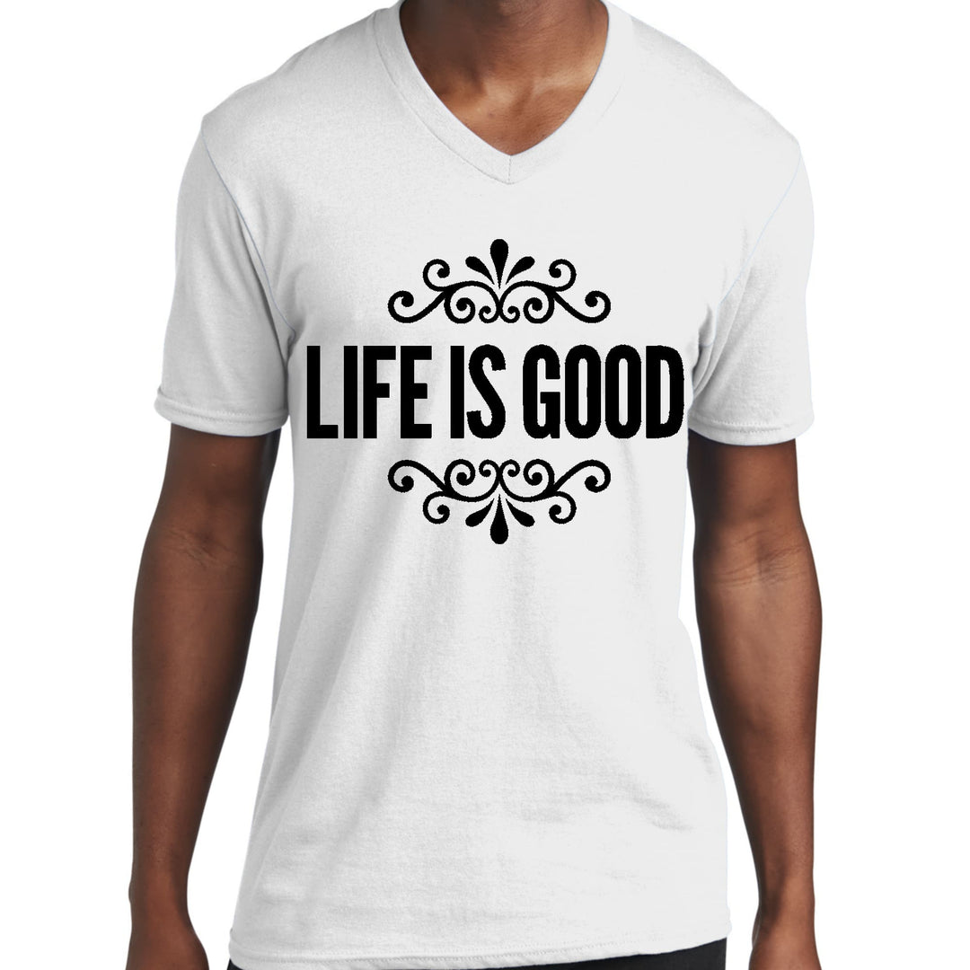 Mens Graphic V-neck T-shirt Life is Good Word Art Illustration Black - Unisex