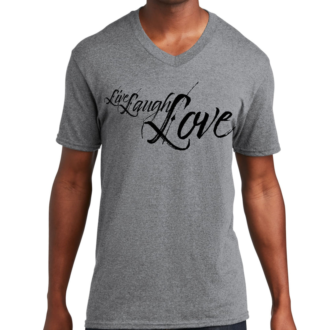 Mens Graphic V-neck T-shirt Live Laugh Love Black Illustration - Mens