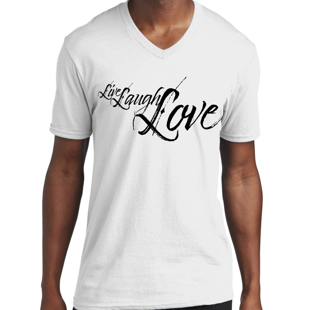 Mens Graphic V-neck T-shirt Live Laugh Love Black Illustration - Mens