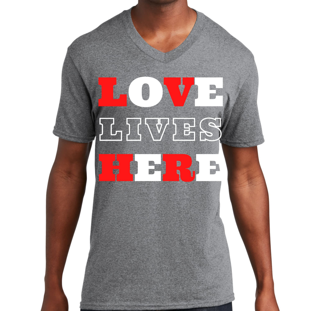 Mens Graphic V-neck T-shirt Love Lives Here Christian Inspiration - Unisex