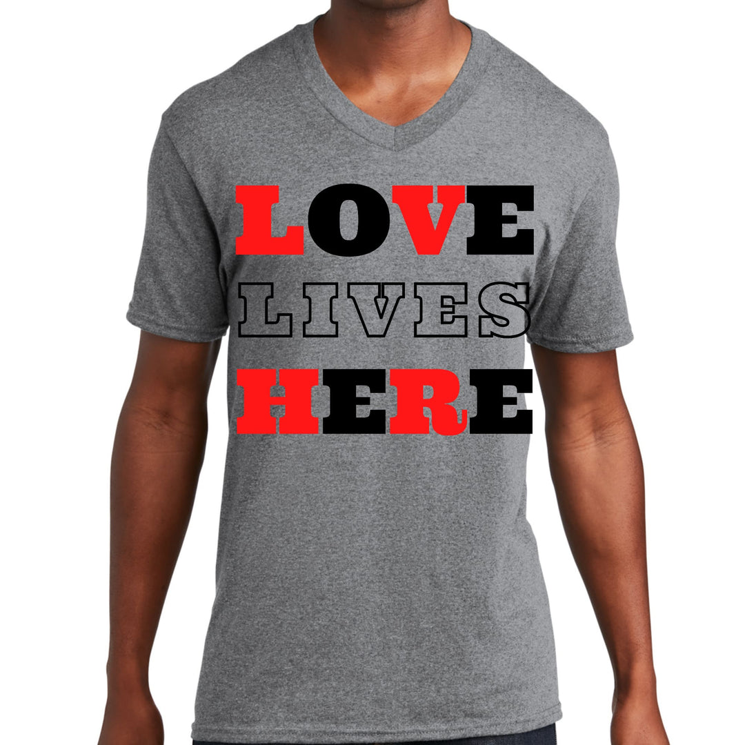 Mens Graphic V-neck T-shirt Love Lives Here Christian Red Black - Unisex