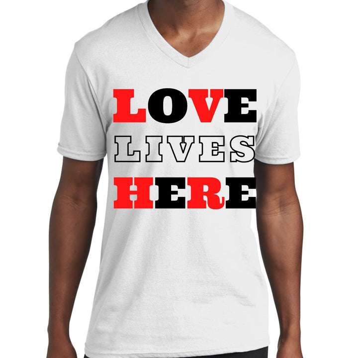 Mens Graphic V-neck T-shirt Love Lives Here Christian Red Black - Unisex