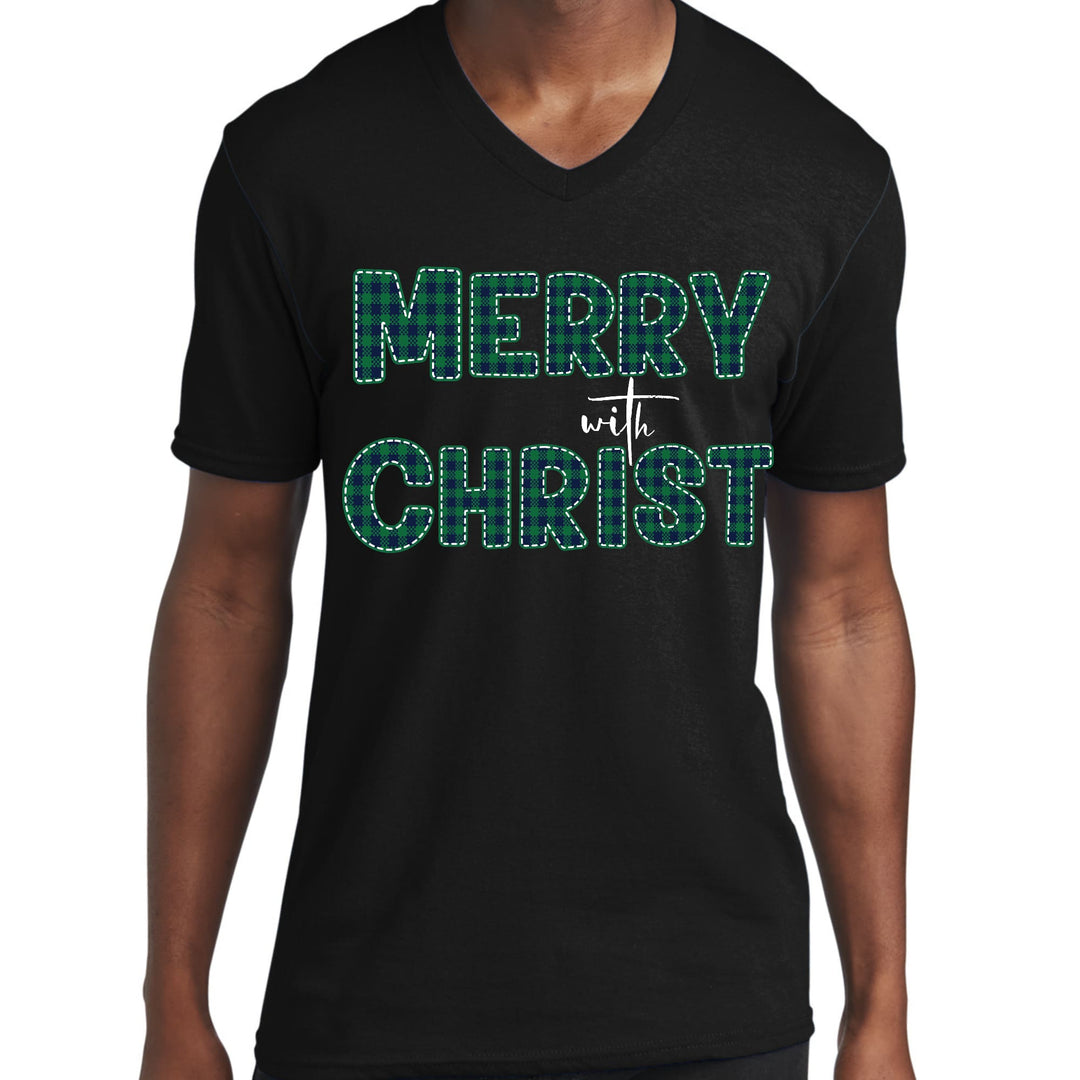 Mens Graphic V-neck T-shirt Merry with Christ Green Plaid Christmas - Unisex