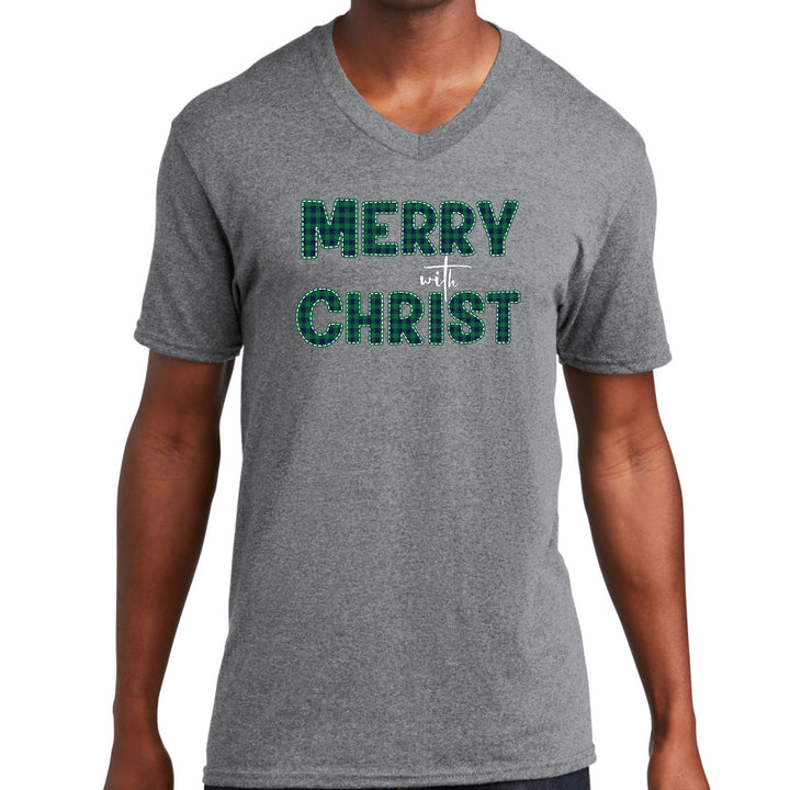 Mens Graphic V-neck T-shirt Merry With Christ Green Plaid Christmas - Unisex