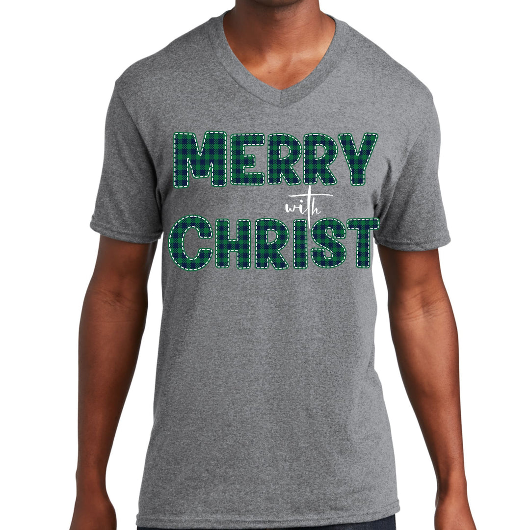 Mens Graphic V-neck T-shirt Merry with Christ Green Plaid Christmas - Unisex