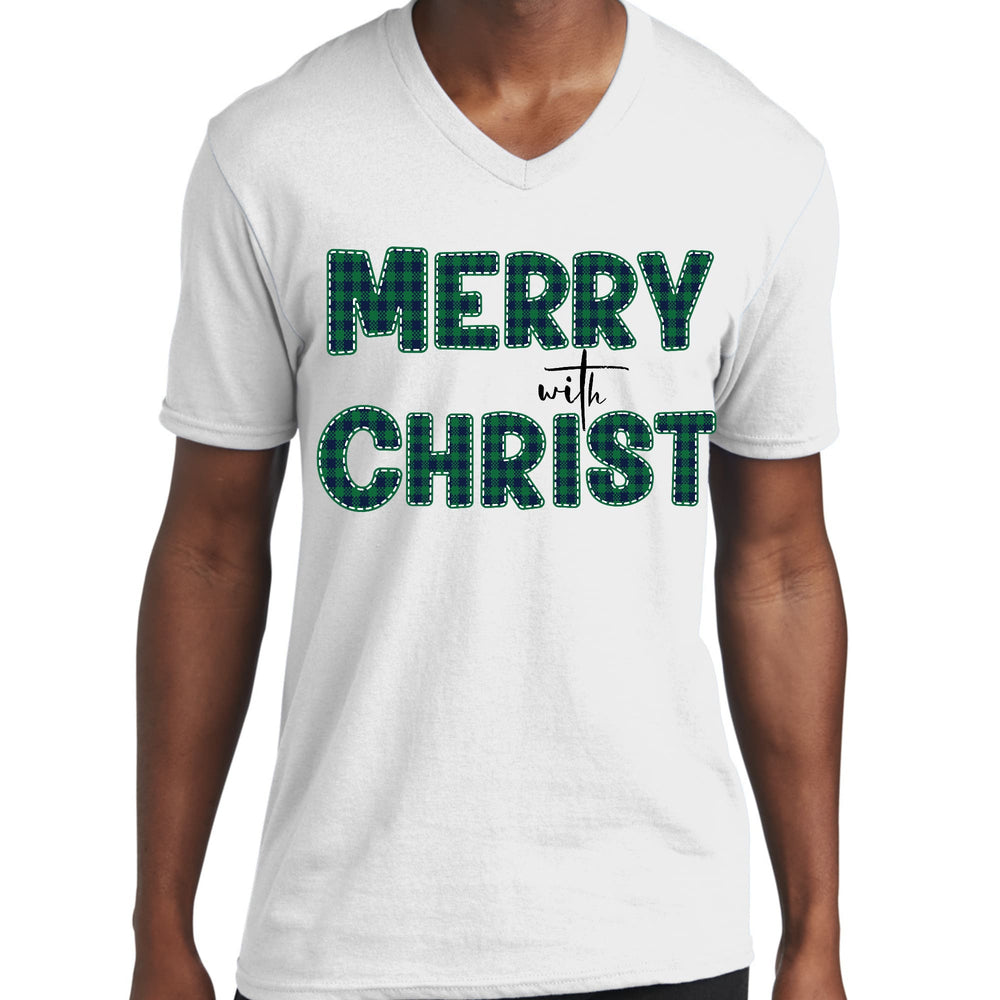 Mens Graphic V-neck T-shirt Merry with Christ Green Plaid Christmas - Unisex