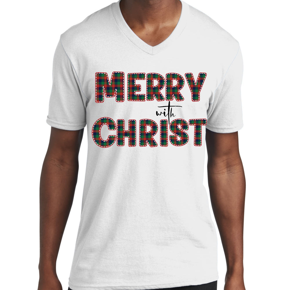 Mens Graphic V-neck T-shirt Merry with Christ Red and Green Plaid - Mens