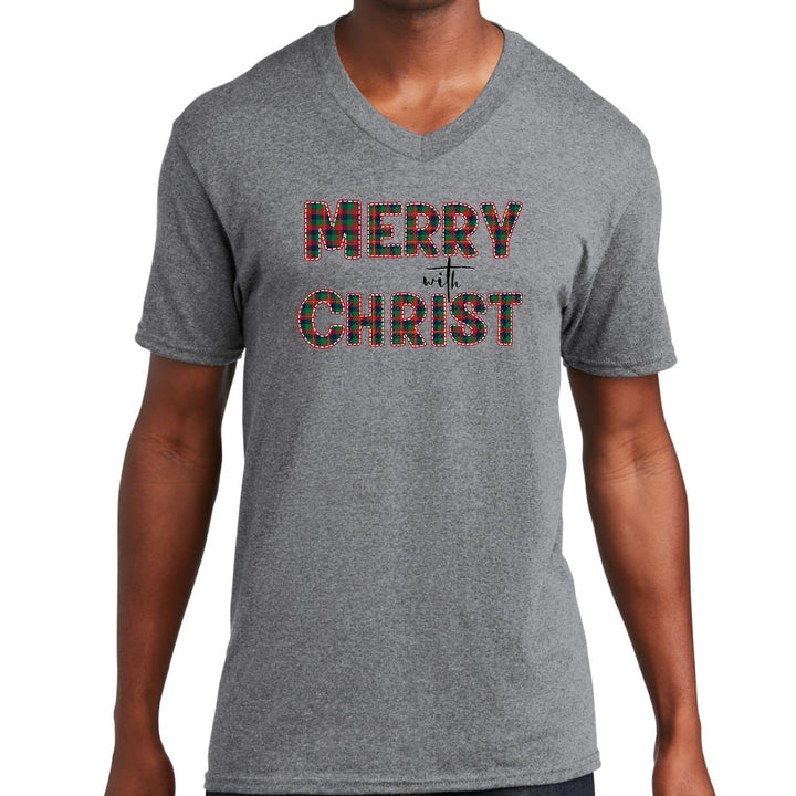 Mens Graphic V-neck T-shirt Merry With Christ Red And Green Plaid - Unisex