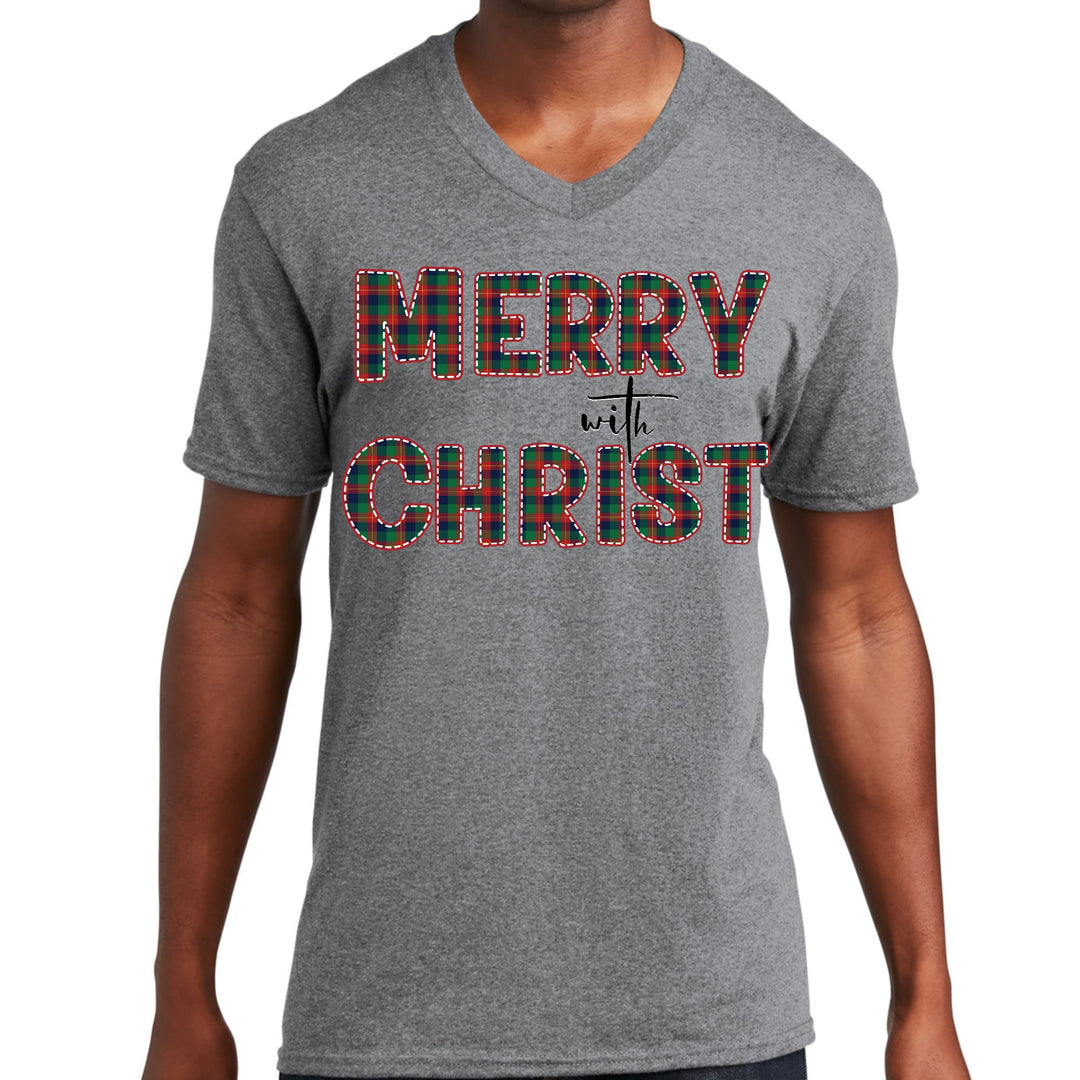 Mens Graphic V-neck T-shirt Merry with Christ Red and Green Plaid - Mens