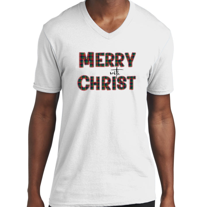 Mens Graphic V-neck T-shirt Merry With Christ Red And Green Plaid - Unisex