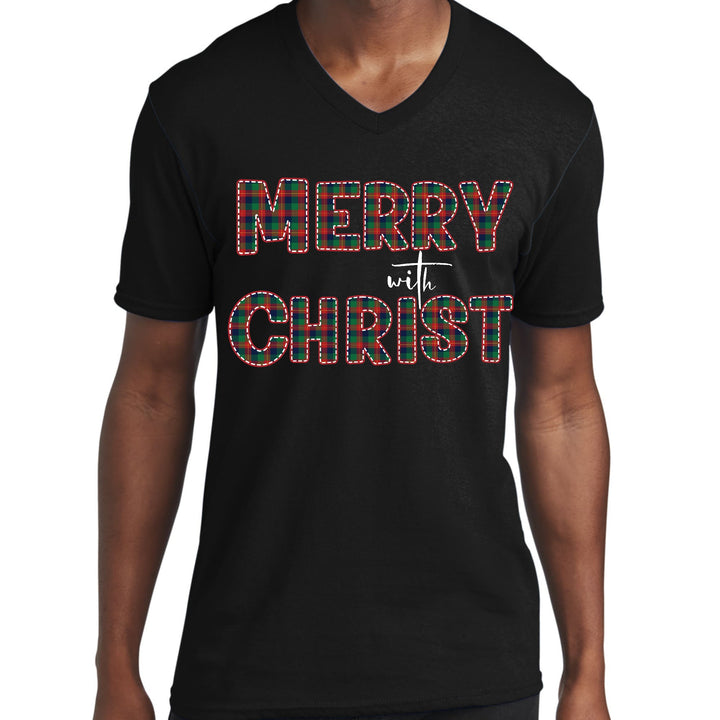 Mens Graphic V-neck T-shirt Merry with Christ Red and Green Plaid - Unisex