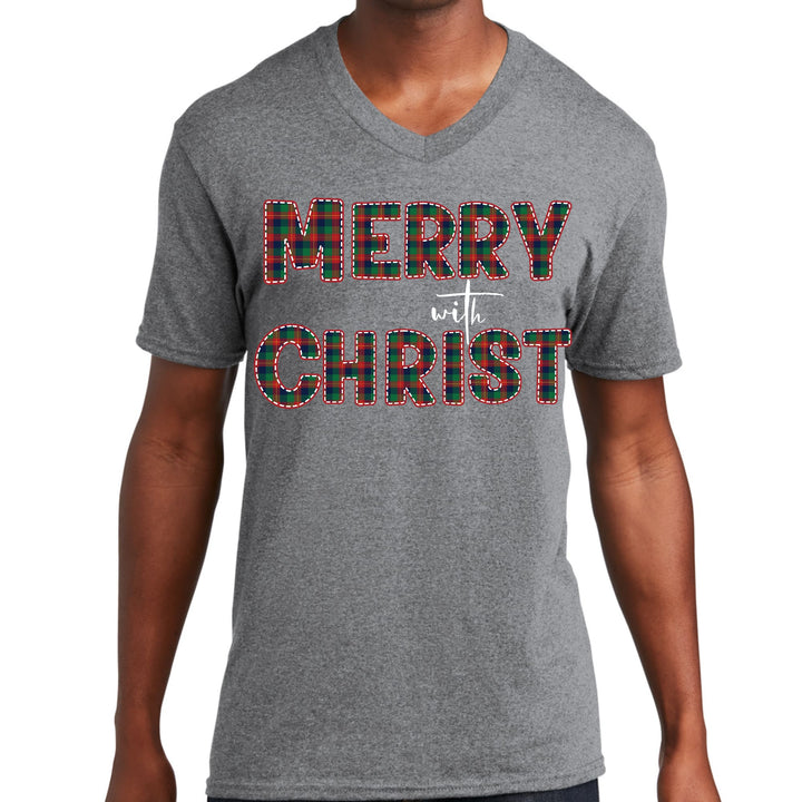 Mens Graphic V-neck T-shirt Merry with Christ Red and Green Plaid - Unisex