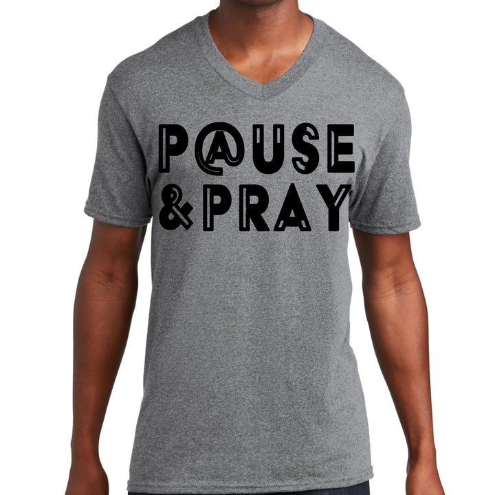 Mens Graphic V-neck T-shirt Pause and Pray Black Illustration - Unisex